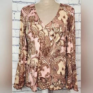 Route 66, pink, brown, tan 3/4 bell sleeve tunic, ladies XL